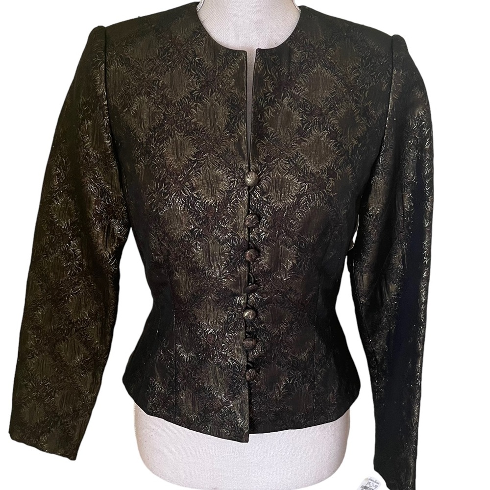 Carmen Marc Valvo Black/Gold Brocade Button Front Cocktail Jacket 2